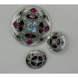 Vintage‎ 1972 Sarah Coventry SPRINGTIME Multi Color Rhinestone Brooch Earrings